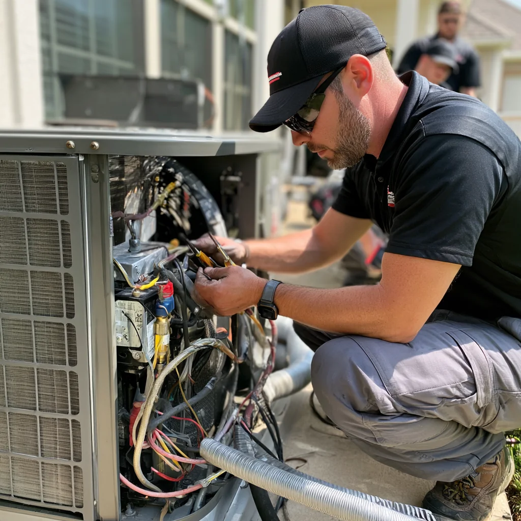 HVAC technician checking electrical connections inside an outdoor air conditioner