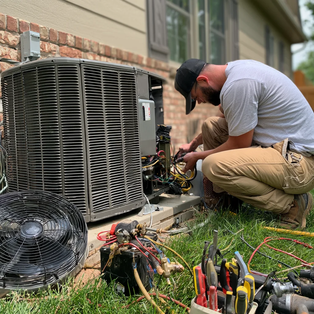 HVAC technician repairing a residential outdoor heating and cooling unit