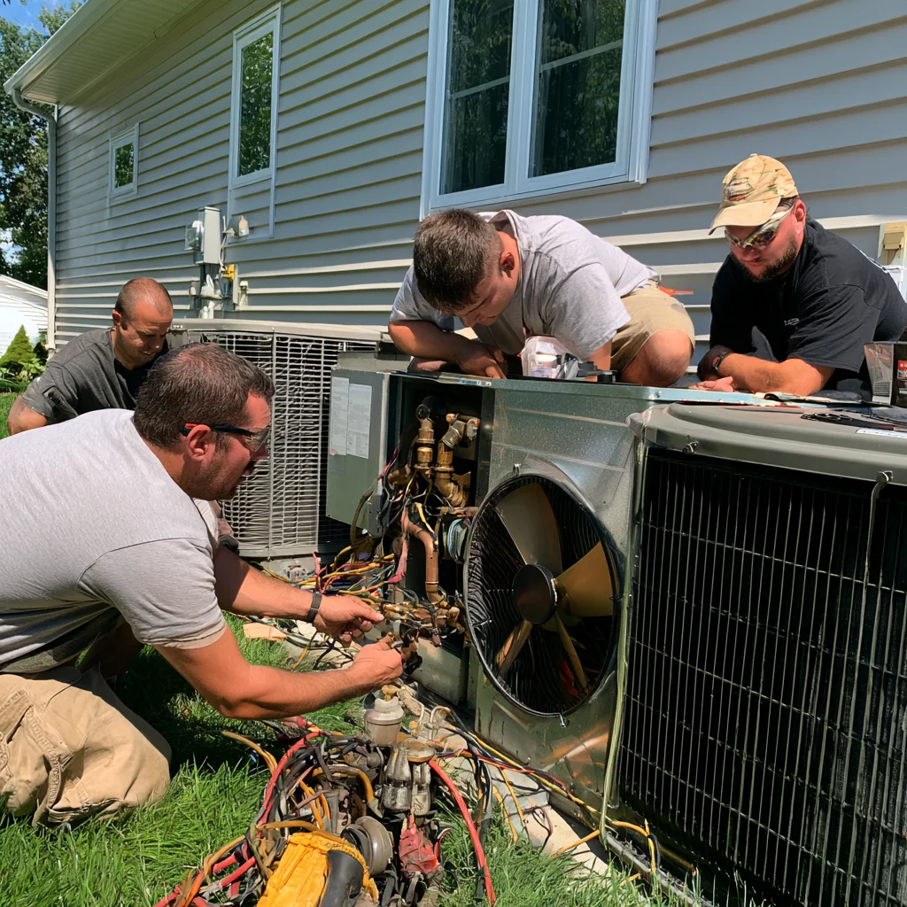 HVAC service team troubleshooting residential outdoor equipment