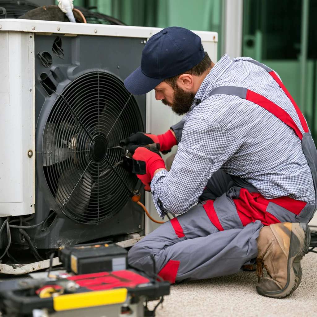 HVAC technician servicing a residential outdoor condenser