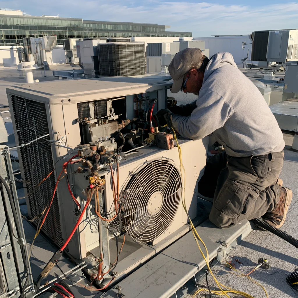 HVAC technician working on rooftop heating and cooling equipment