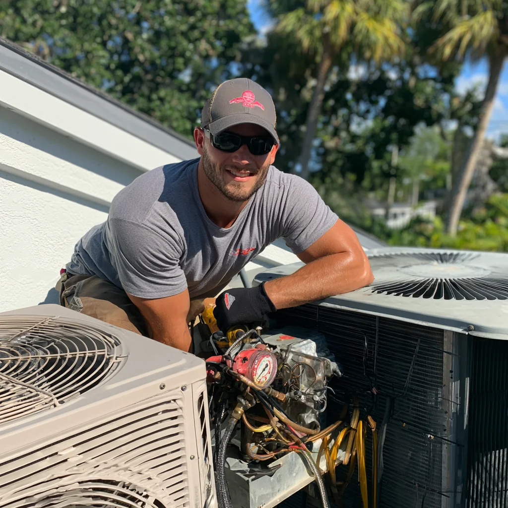 HVAC technician maintaining two outdoor condenser units