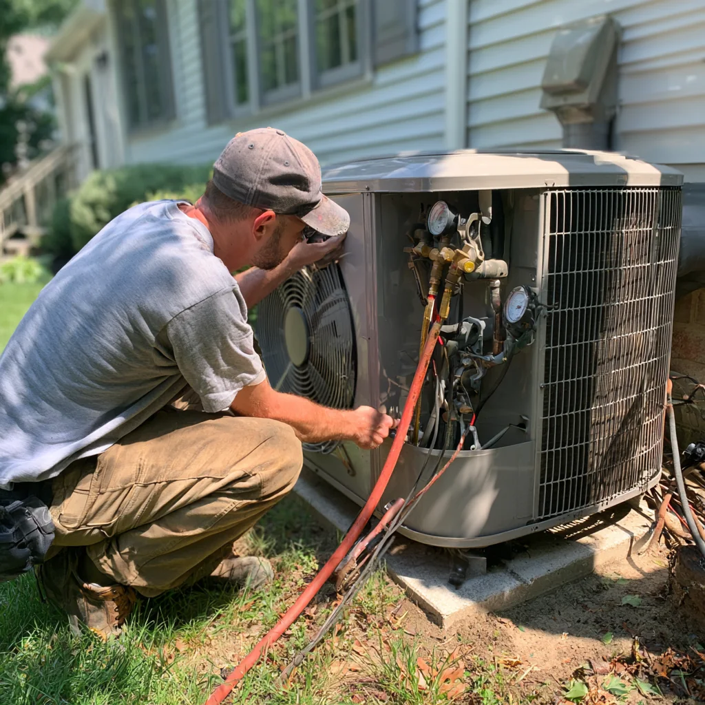 HVAC technician checking gauges and airflow equipment beside a home