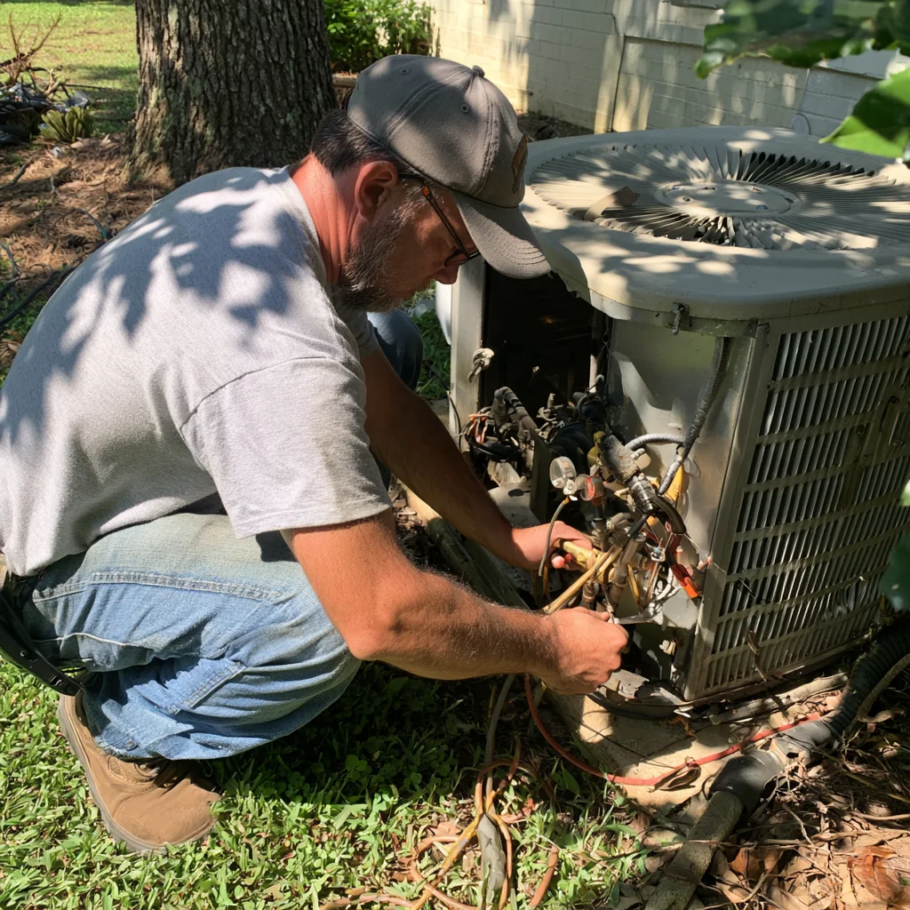 HVAC technician diagnosing an outdoor condenser with service gauges