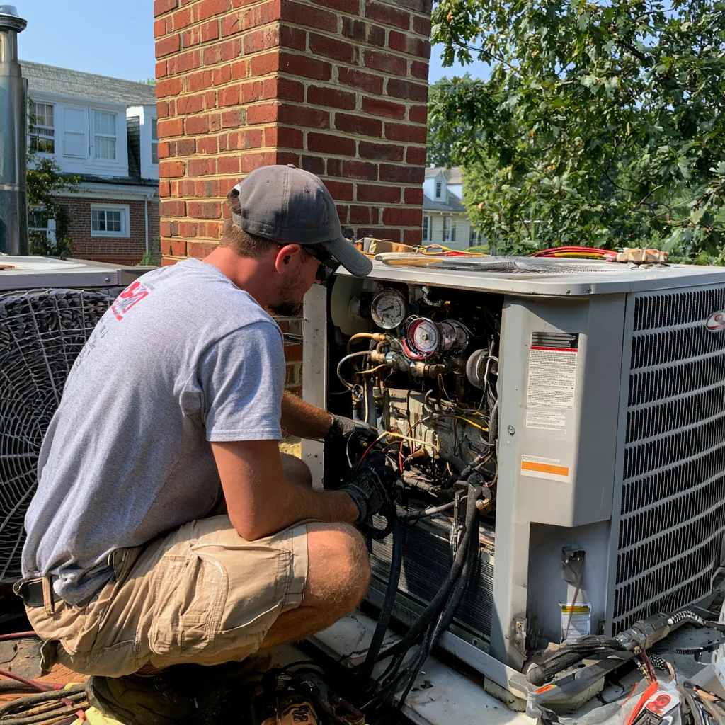 HVAC technician servicing a residential outdoor unit with diagnostic gauges