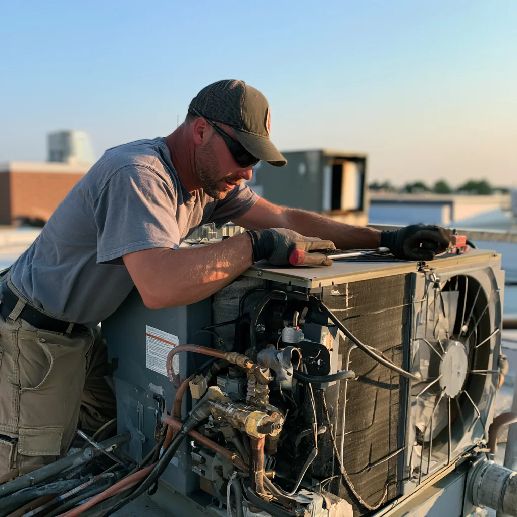 HVAC technician inspecting rooftop heating and cooling equipment